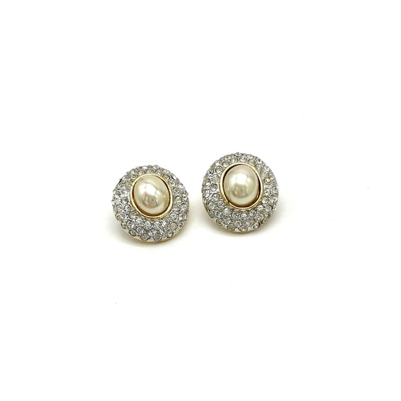 Faux Pearl Rhinestone Earrings Gold Tone Studded‎ Button - Picture 1 of 5